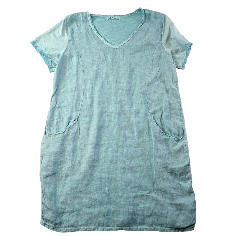 Gigi Moda Dress Womens L Green Shift Knee Length V-Neck Linen Made In Italy